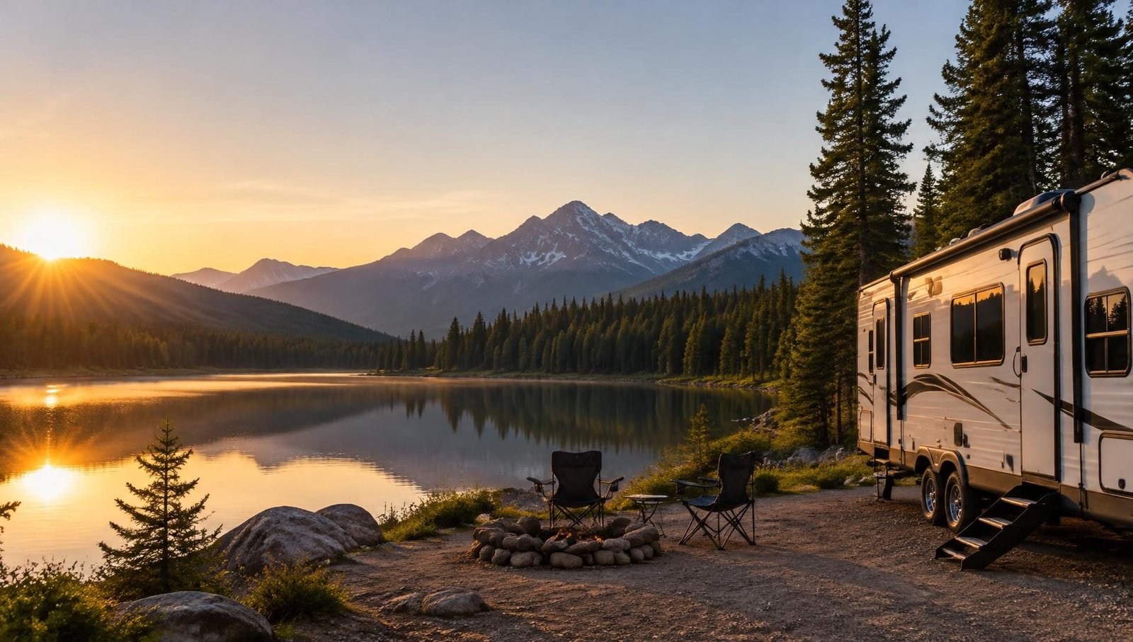 Illustrative image: travel trailer parked beside a calm mountain lake at sunrise