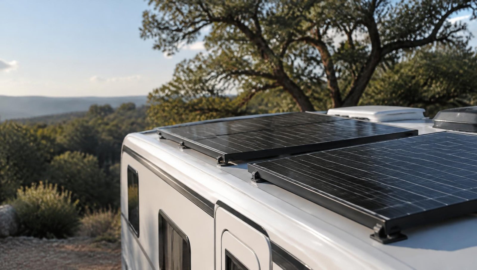 Illustrative image: solar panels mounted on a white RV roof with oak trees behind