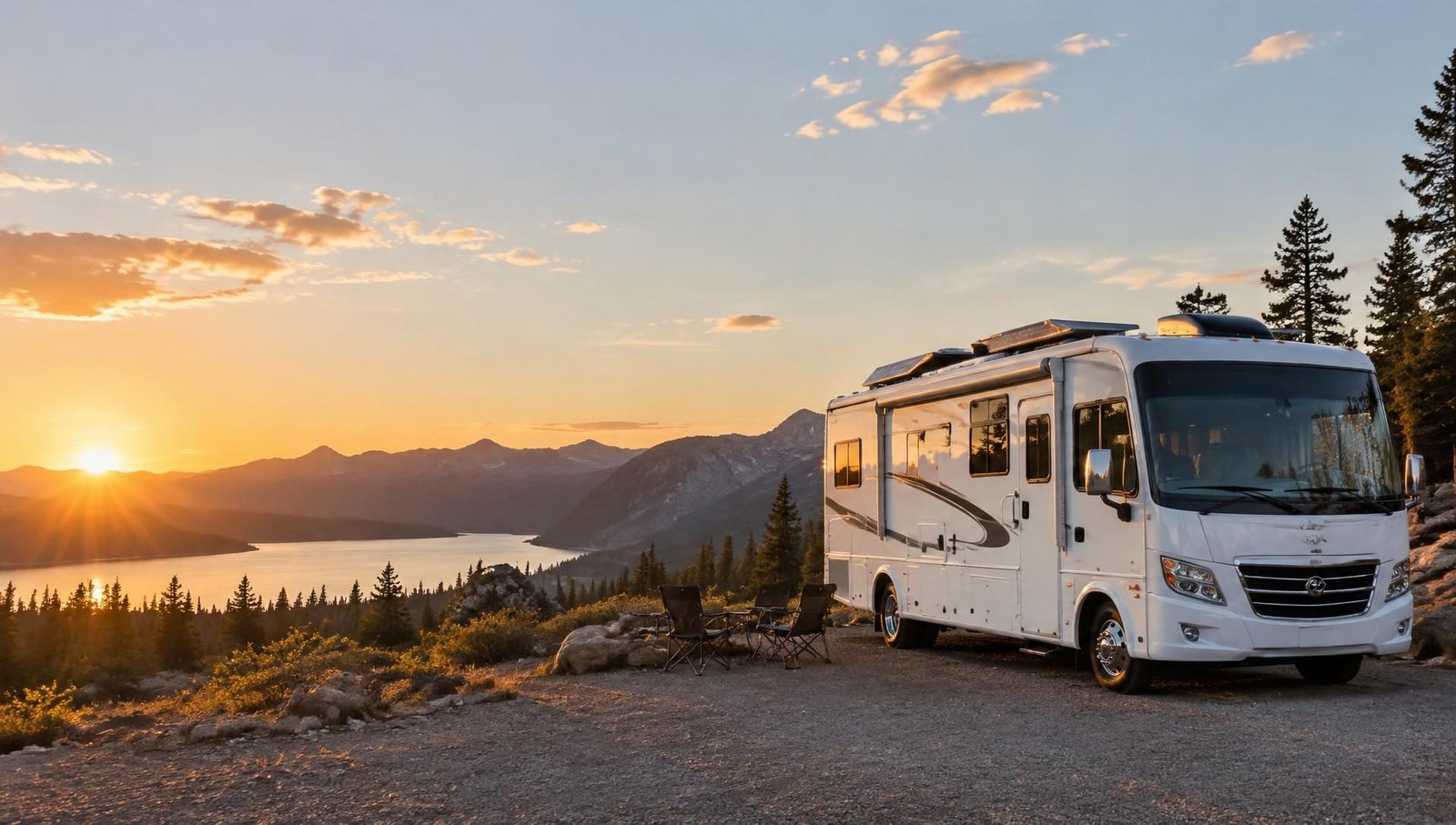 Illustrative image: white motorhome with rooftop solar panels parked above a mountain lake at sunset