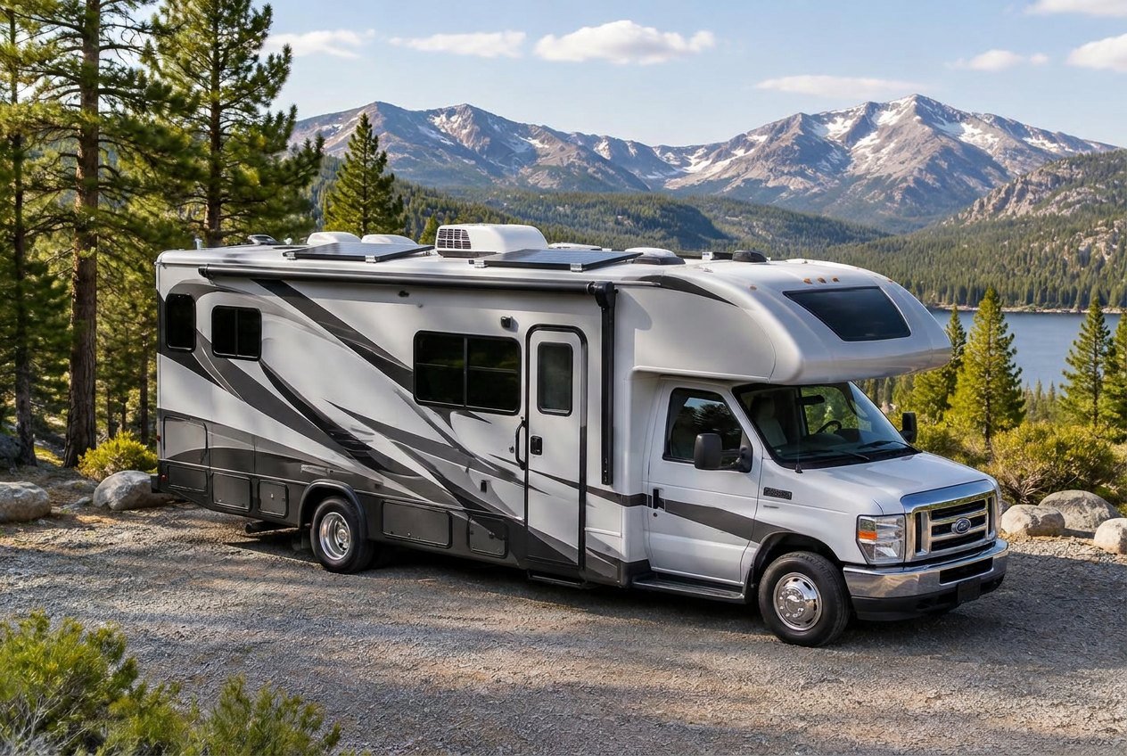 Same illustrative RV with rooftop solar panels added