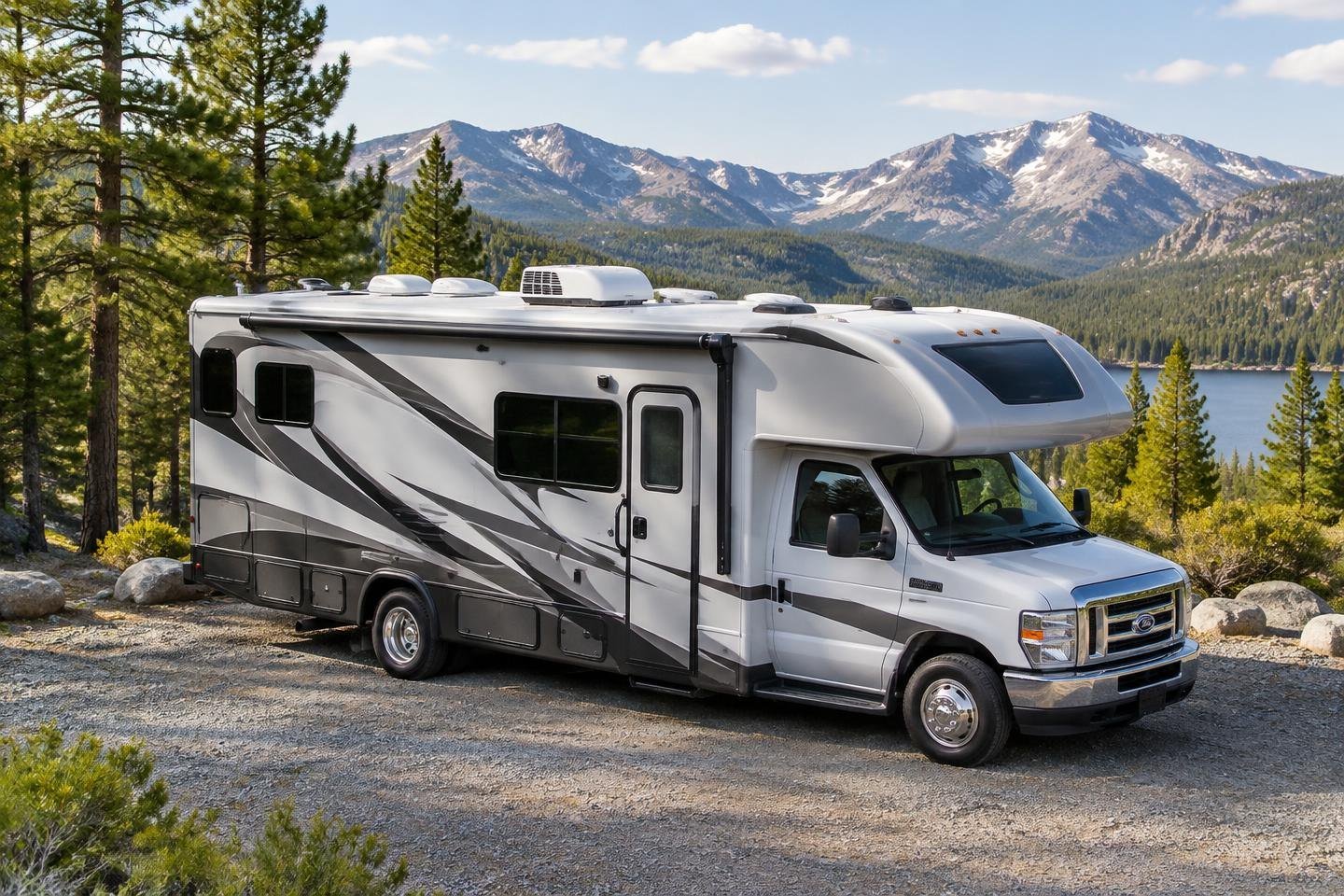 Illustrative RV at a mountain campsite before rooftop solar panels