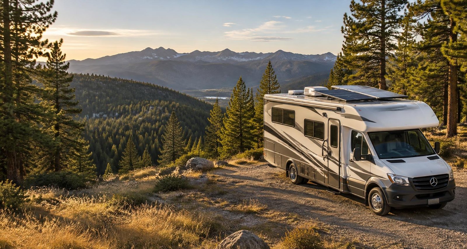 Illustrative modern RV with rooftop solar panels at a Sierra Nevada campsite